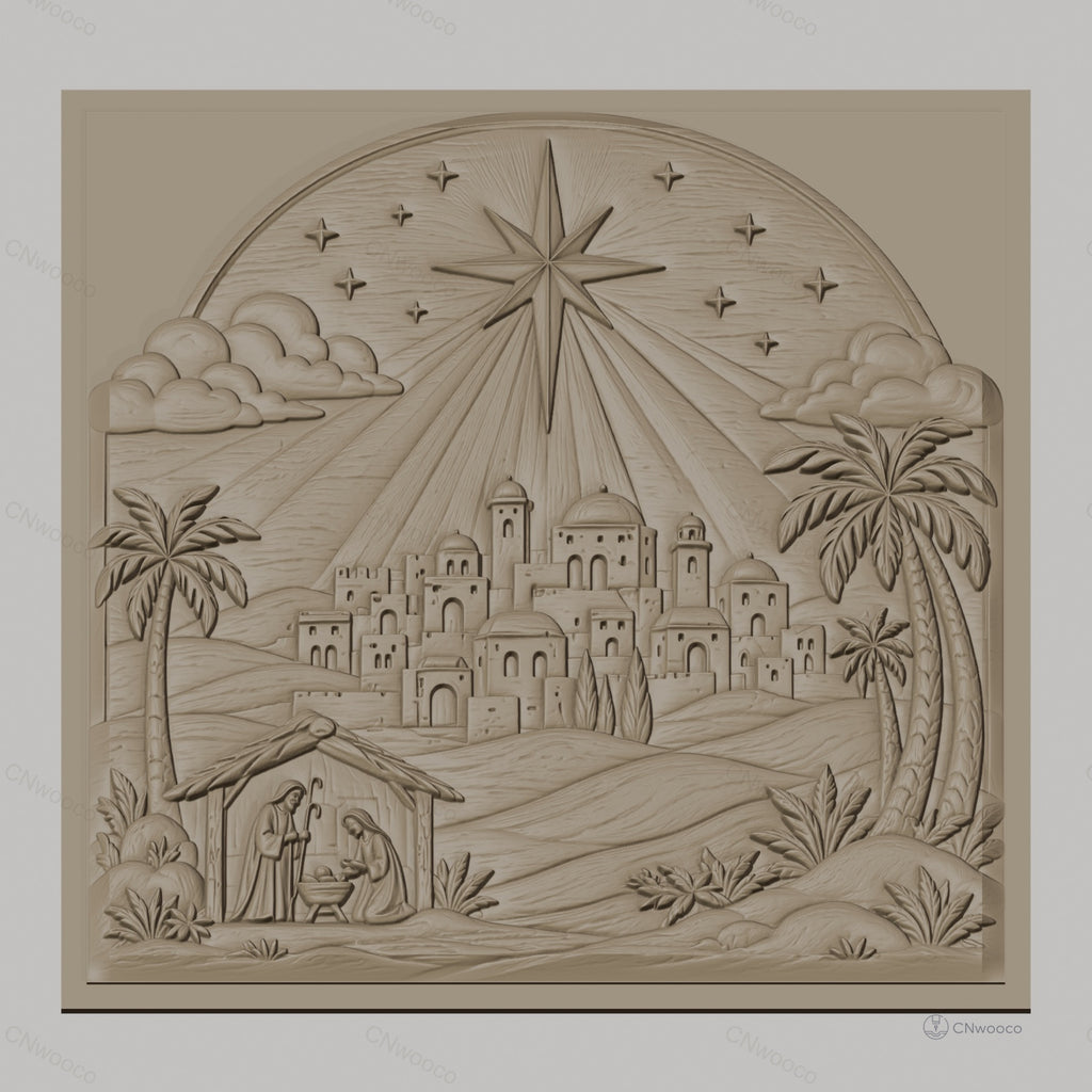 Fichier CNC & impression 3D scène de la nativité, étoile et village biblique, haute qualité relief STL