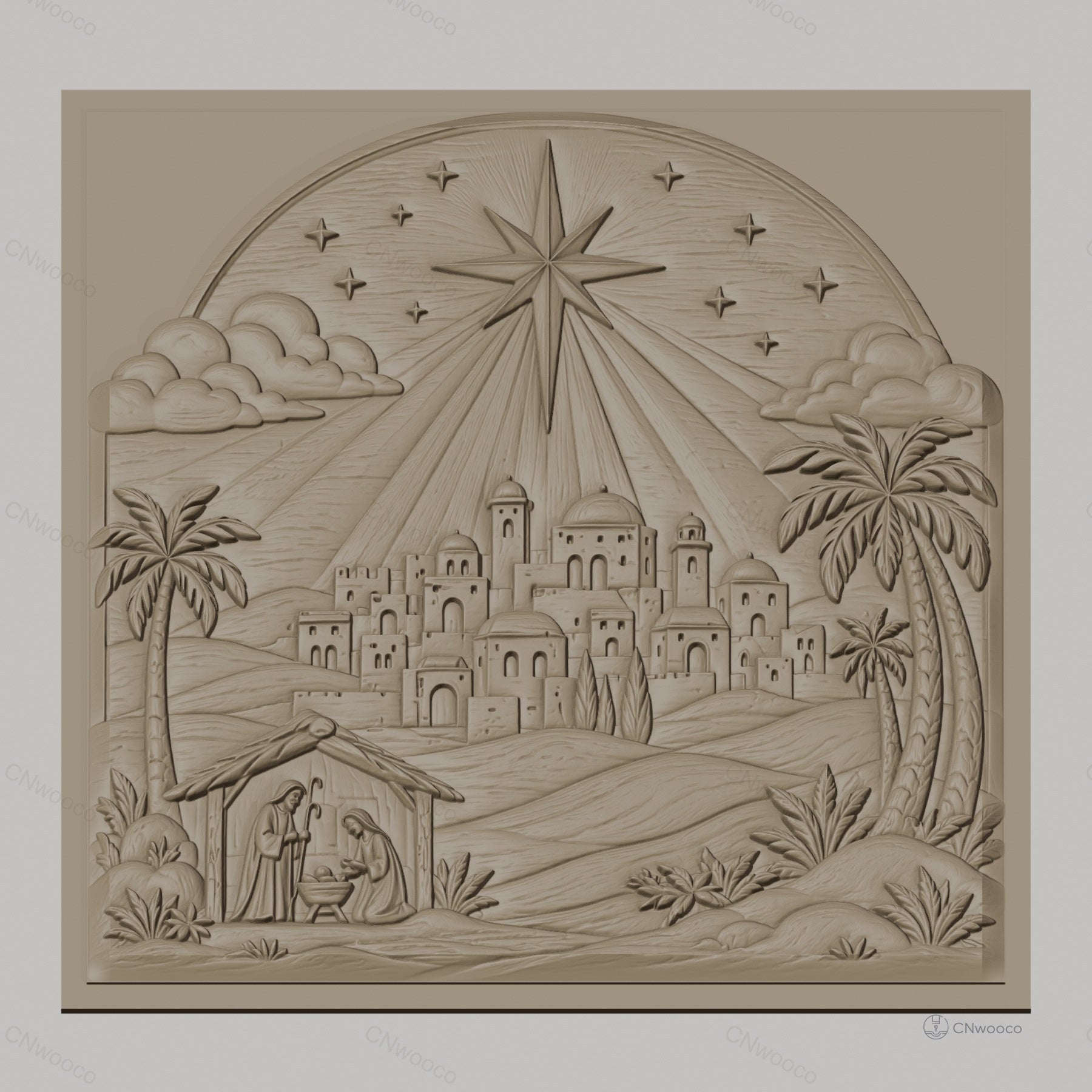 Fichier CNC & impression 3D scène de la nativité, étoile et village biblique, haute qualité relief STL