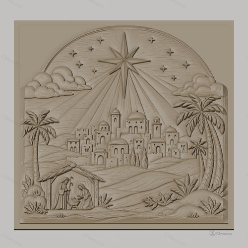 Fichier CNC & impression 3D scène de la nativité, étoile et village biblique, haute qualité relief STL