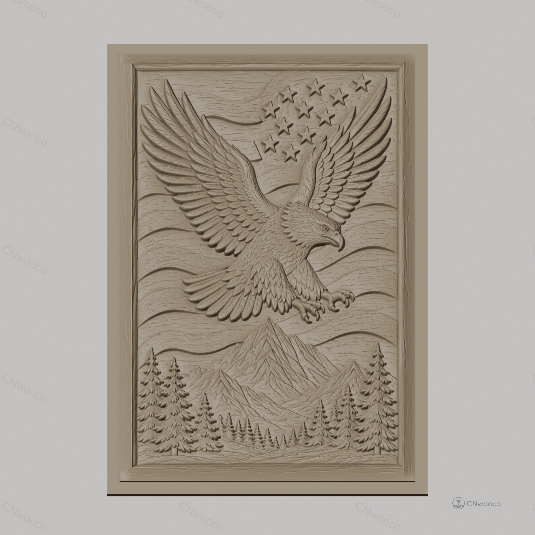 Fichier CNC & impression 3D aigle américain, montagnes, sapins, étoiles, haute qualité relief STL