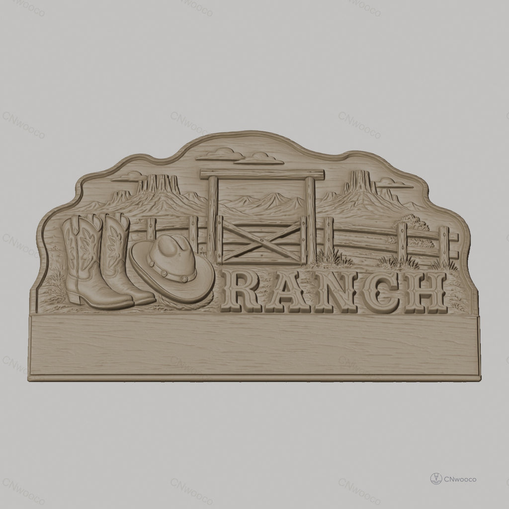 Fichier CNC porte-clés mural enseigne Ranch western, bottes et chapeau cowboy, STL très haute qualité