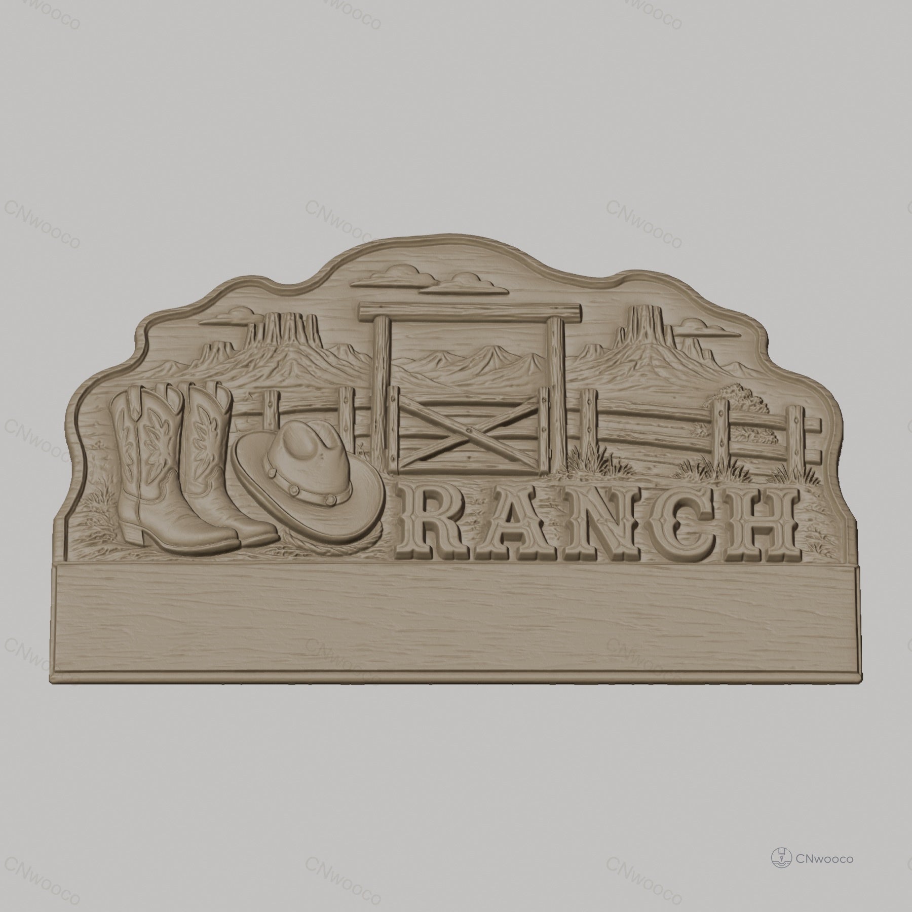 Fichier CNC porte-clés mural enseigne Ranch western, bottes et chapeau cowboy, STL très haute qualité