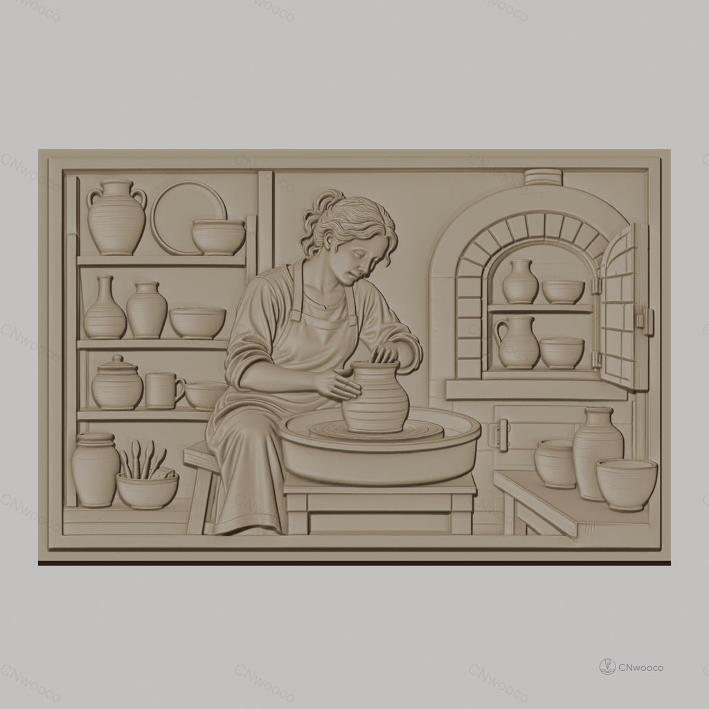 Fichier CNC & impression 3D scène potier femme, tour de potier, pots, atelier, haute qualité relief STL