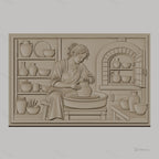 Fichier CNC & impression 3D scène potier femme, tour de potier, pots, atelier, haute qualité relief STL