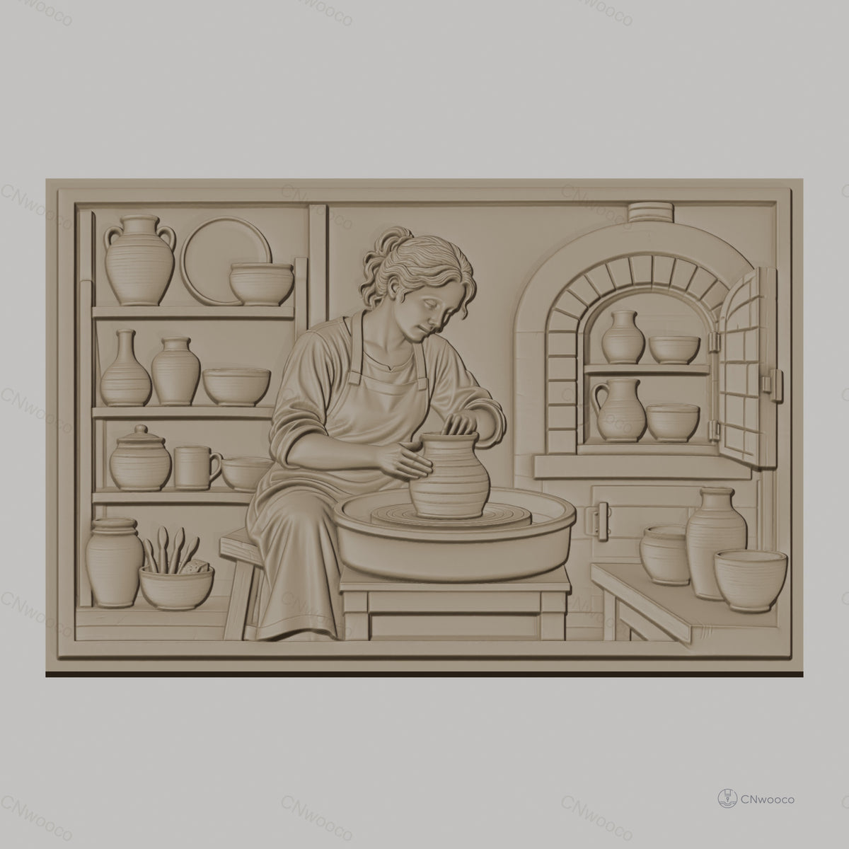 Fichier CNC & impression 3D scène potier femme, tour de potier, pots, atelier, haute qualité relief STL