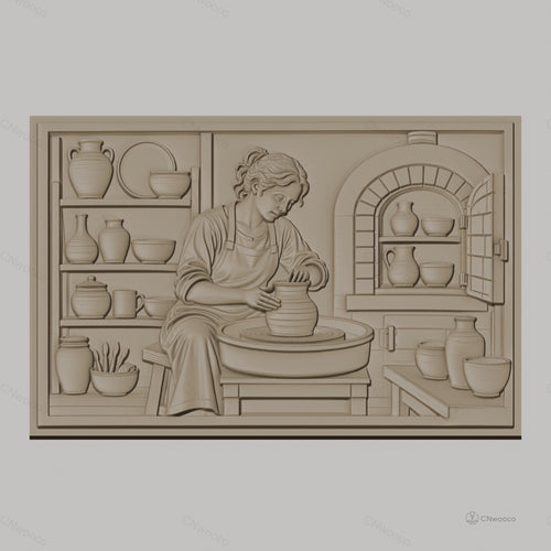 Fichier CNC & impression 3D scène potier femme, tour de potier, pots, atelier, haute qualité relief STL