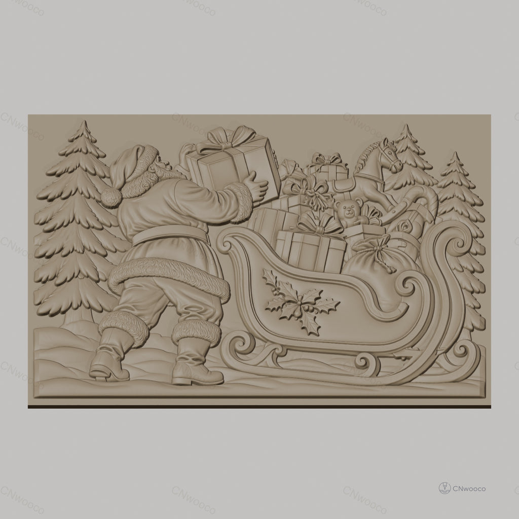 Fichier CNC & impression 3D Noël, Père Noël avec traîneau et cadeaux, haute qualité relief STL