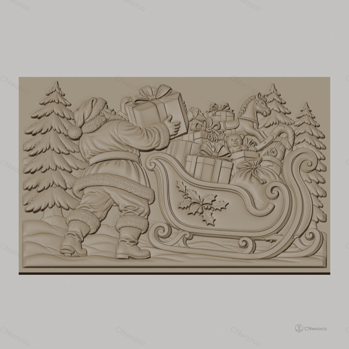 Fichier CNC & impression 3D Noël, Père Noël avec traîneau et cadeaux, haute qualité relief STL