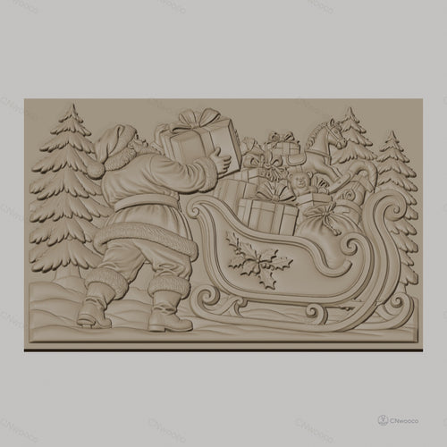 Fichier CNC & impression 3D Noël, Père Noël avec traîneau et cadeaux, haute qualité relief STL
