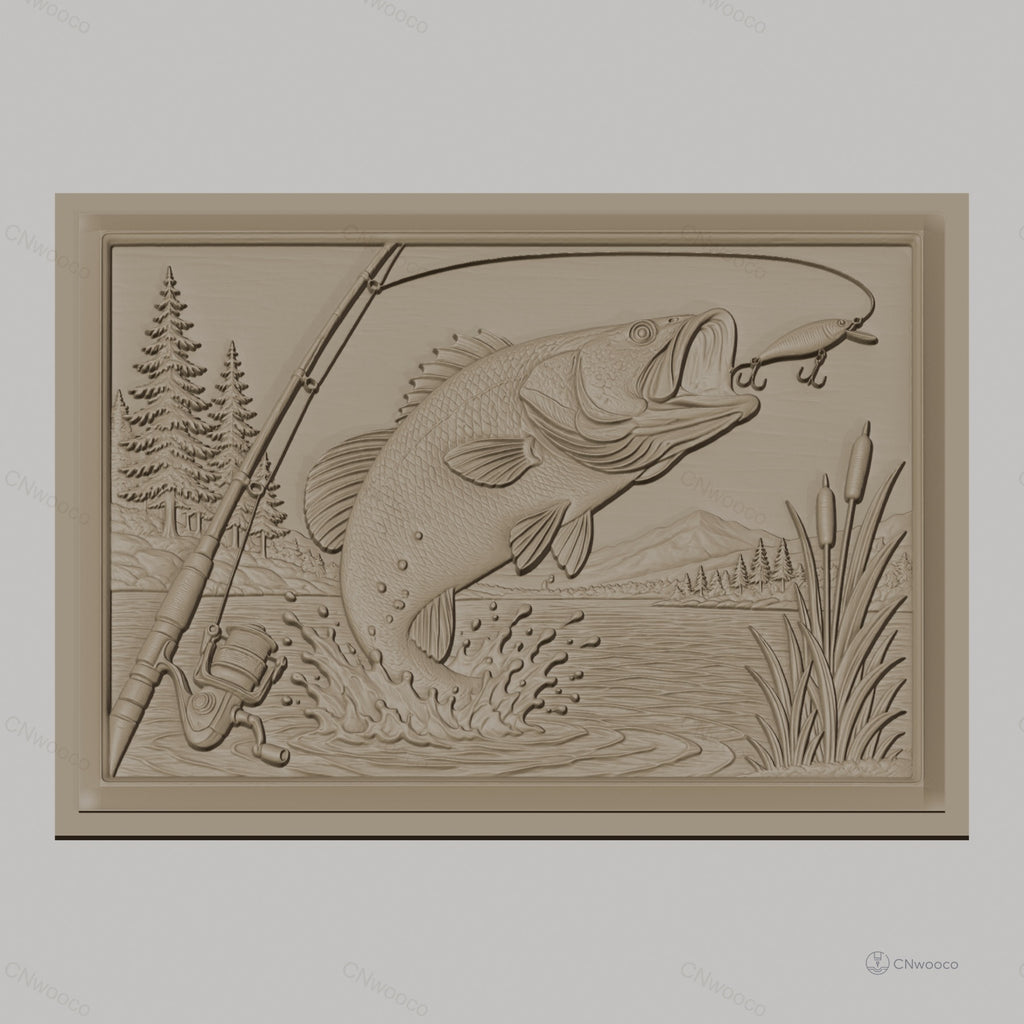 Fichier CNC & impression 3D pêche, poisson sautant, canne à pêche, paysage naturel, haute qualité relief STL