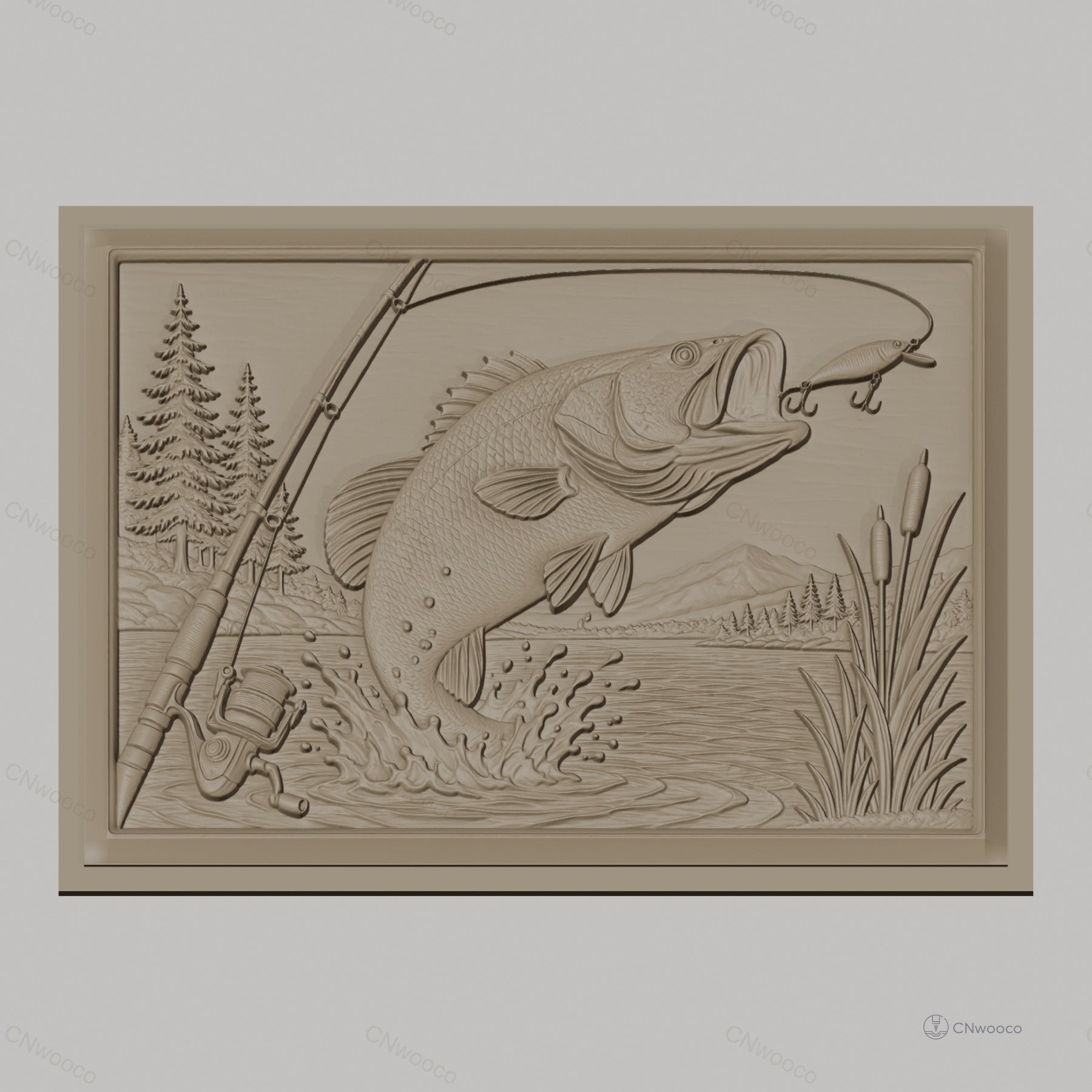 Fichier CNC & impression 3D pêche, poisson sautant, canne à pêche, paysage naturel, haute qualité relief STL