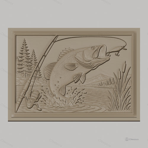 Fichier CNC & impression 3D pêche, poisson sautant, canne à pêche, paysage naturel, haute qualité relief STL