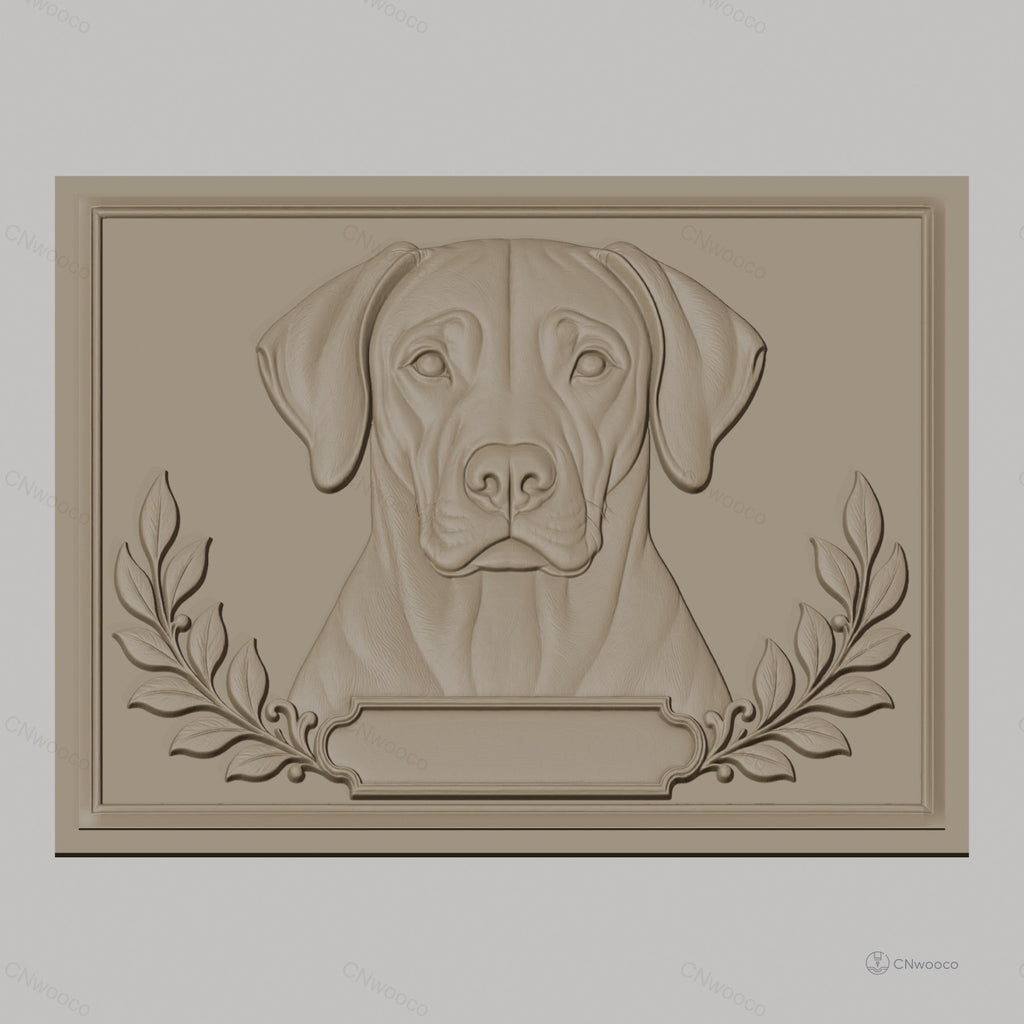 Fichier CNC & impression 3D portrait de chien labrador, cadre feuilles décoratives, haute qualité relief STL