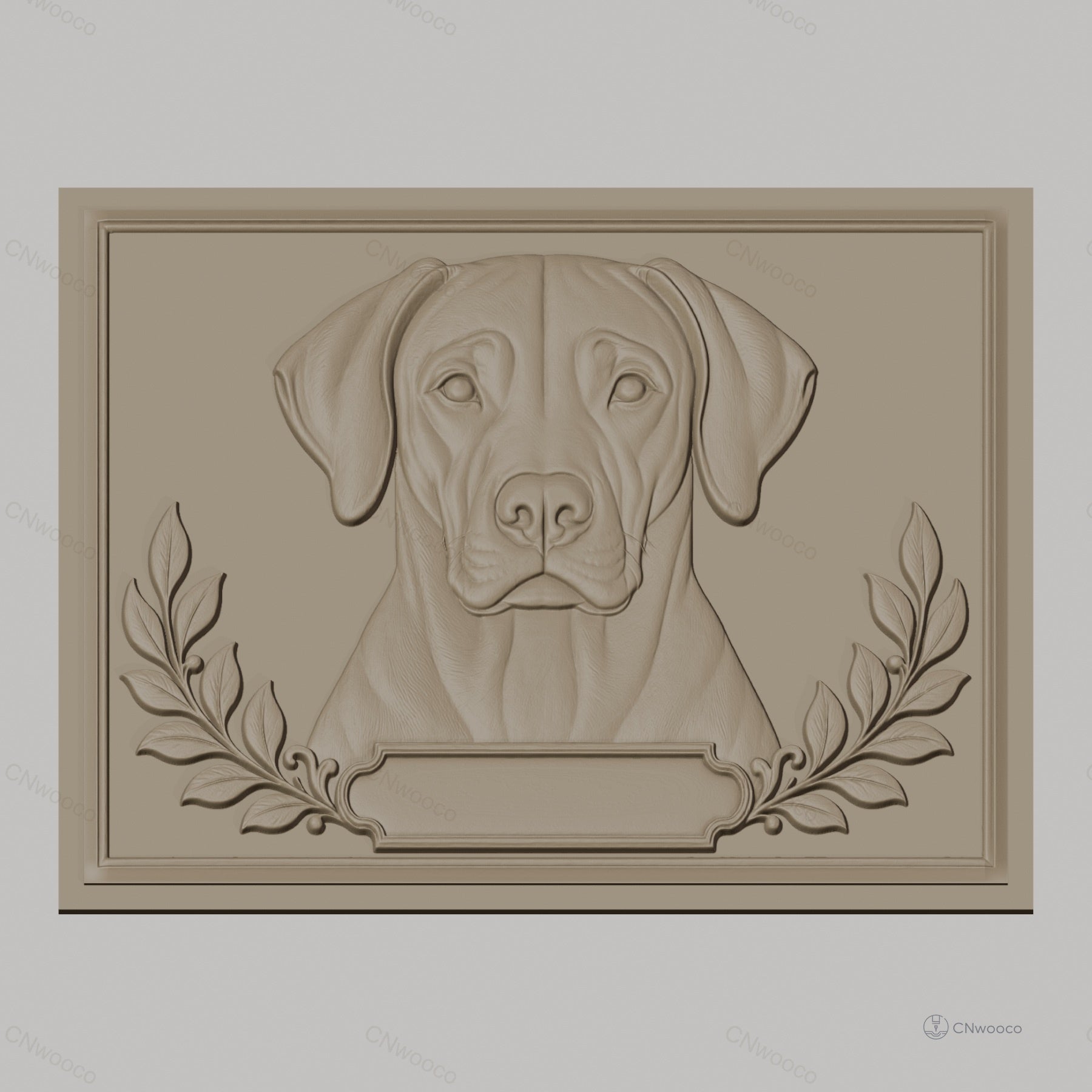Fichier CNC & impression 3D portrait de chien labrador, cadre feuilles décoratives, haute qualité relief STL