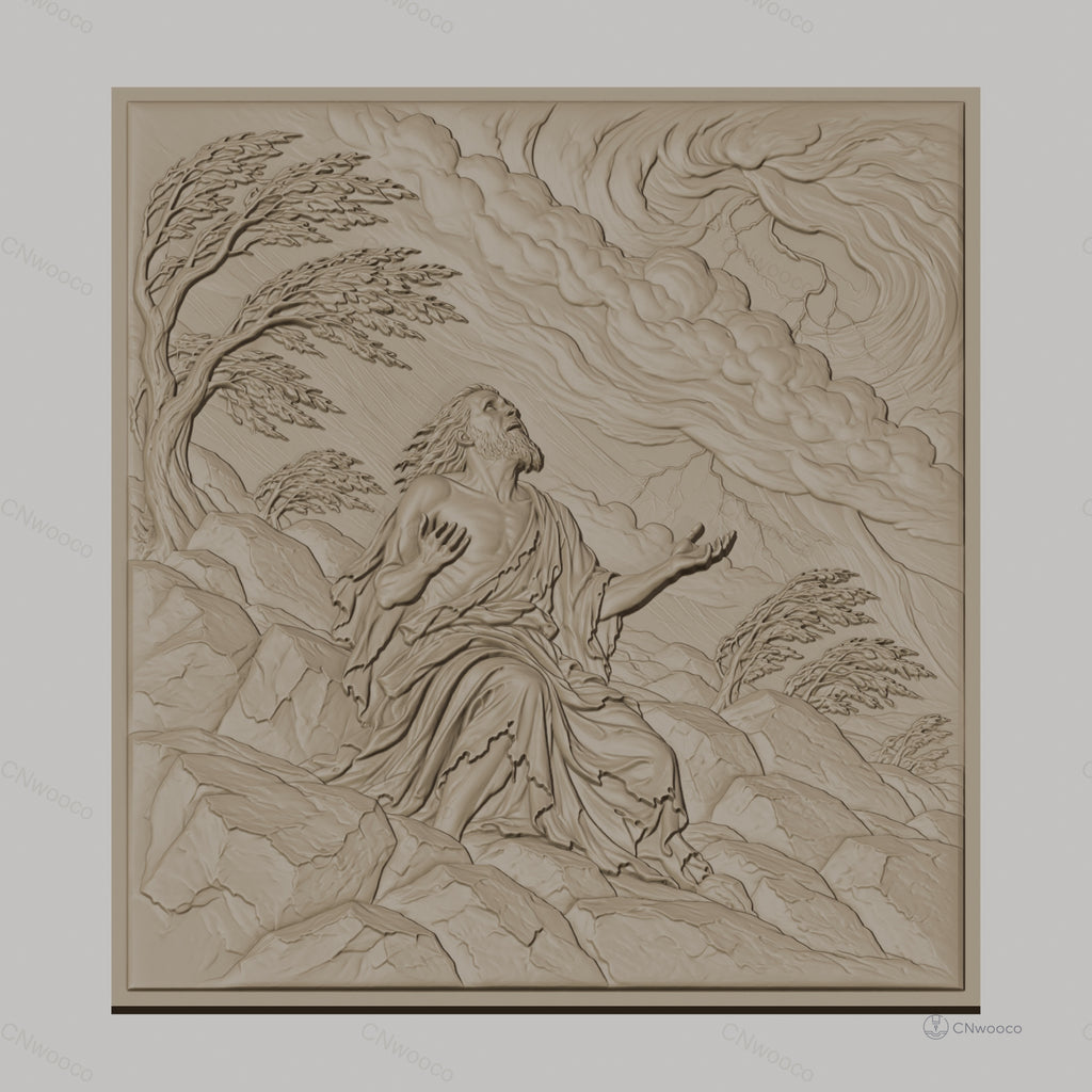 Fichier CNC & impression 3D scène biblique prière sur rochers avec nuages et arbres, haute qualité relief STL