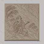 Fichier CNC & impression 3D scène biblique prière sur rochers avec nuages et arbres, haute qualité relief STL