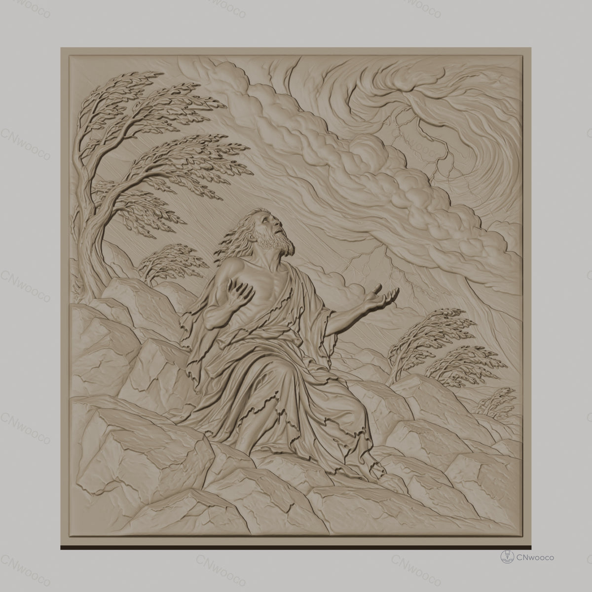Fichier CNC & impression 3D scène biblique prière sur rochers avec nuages et arbres, haute qualité relief STL