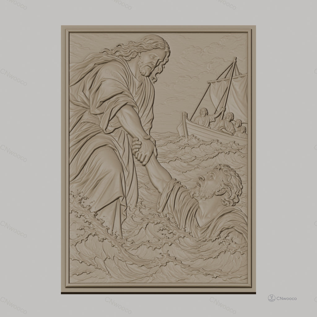 Fichier CNC & impression 3D scène Jésus sauvant Pierre, bateau, eau agitée haute qualité relief STL