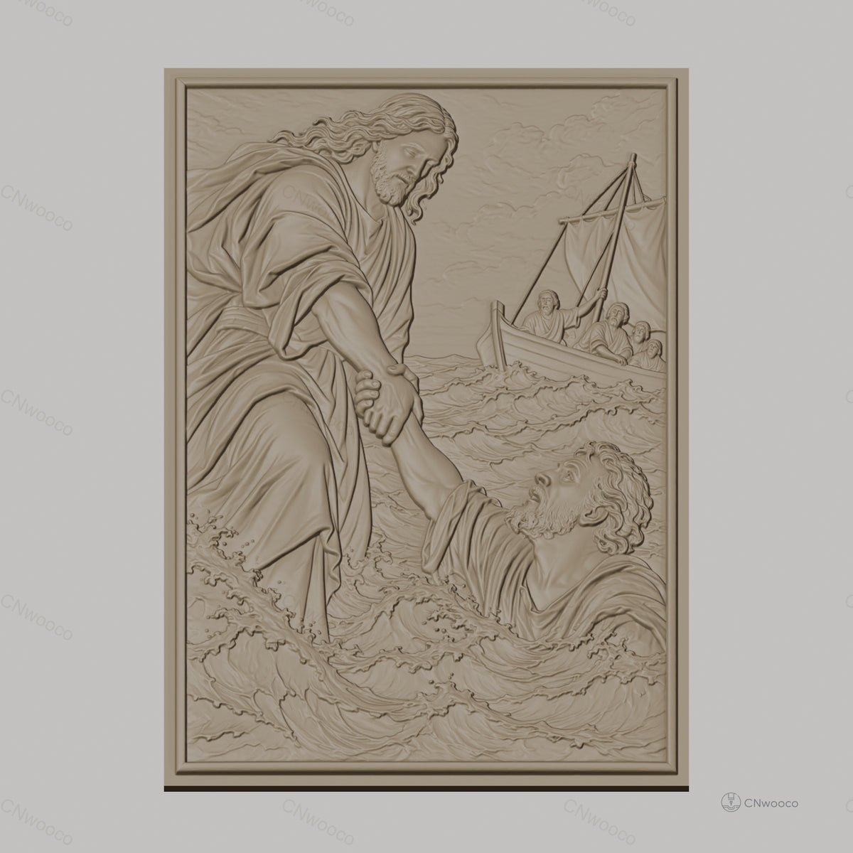 Fichier CNC & impression 3D scène Jésus sauvant Pierre, bateau, eau agitée haute qualité relief STL