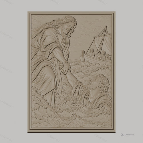 Fichier CNC & impression 3D scène Jésus sauvant Pierre, bateau, eau agitée haute qualité relief STL