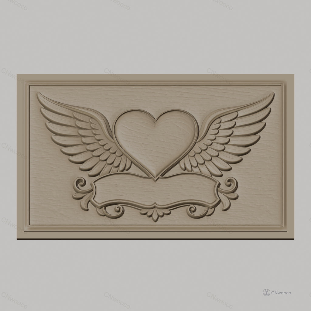 Fichier CNC & impression 3D coeur ailé avec bannière décorative, haute qualité relief STL