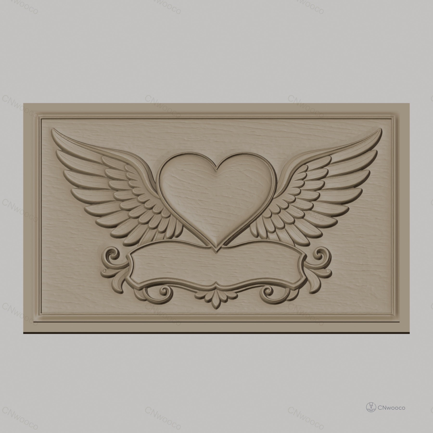 Fichier CNC & impression 3D coeur ailé avec bannière décorative, haute qualité relief STL