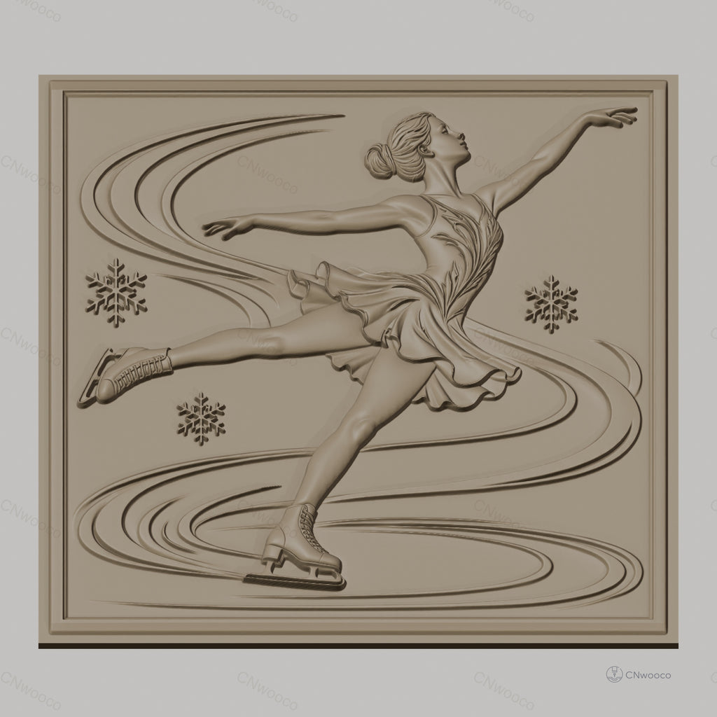Fichier CNC & impression 3D Patinage artistique, danseuse en mouvement avec flocons de neige, haute qualité relief STL