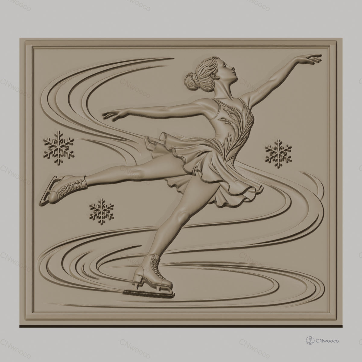 Fichier CNC & impression 3D Patinage artistique, danseuse en mouvement avec flocons de neige, haute qualité relief STL