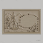Fichier CNC & impression 3D église rurale, arbres et cadre décoratif, haute qualité relief STL