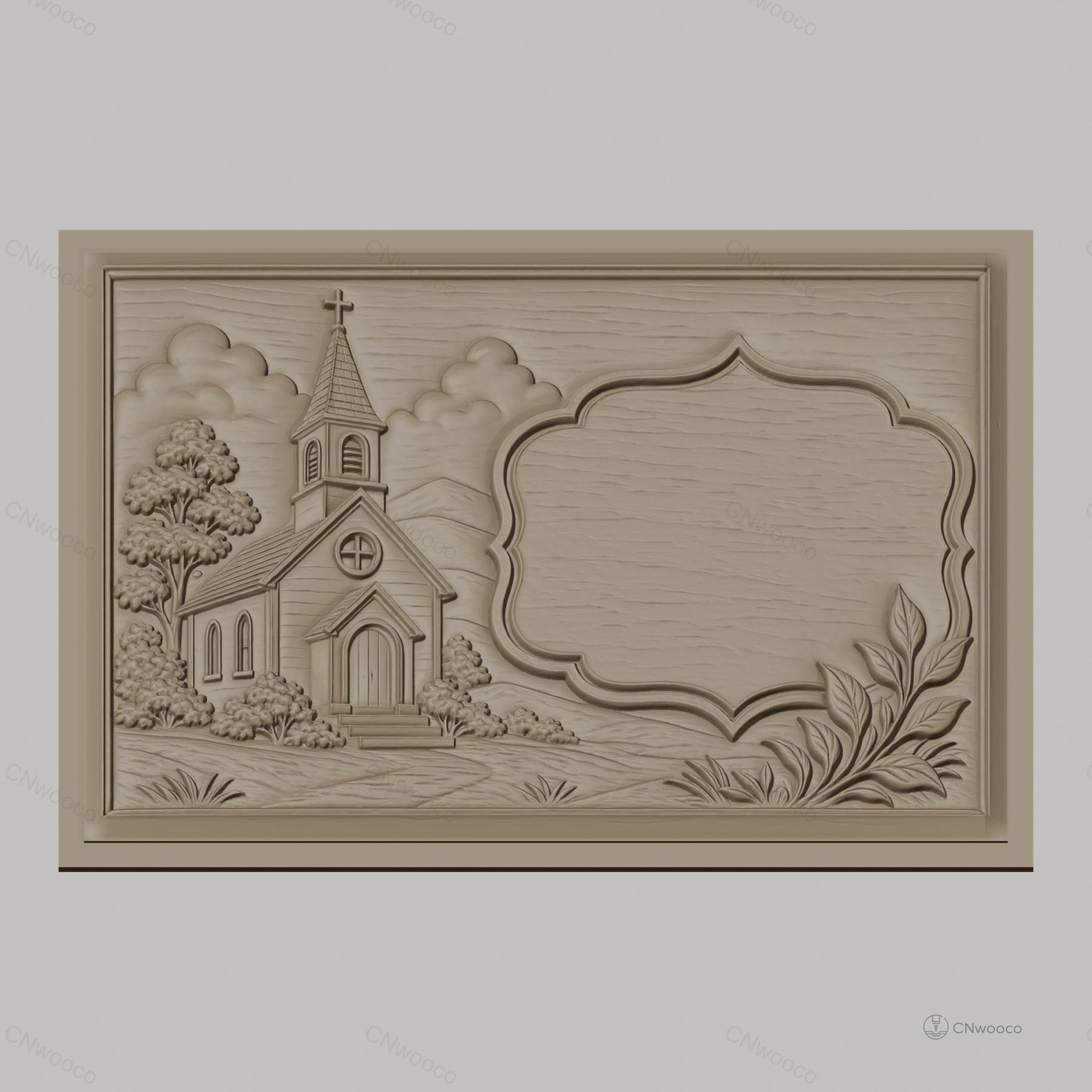 Fichier CNC & impression 3D église rurale, arbres et cadre décoratif, haute qualité relief STL