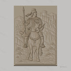 Fichier CNC & impression 3D cavalier médiéval à cheval, château et montagnes, haute qualité relief STL
