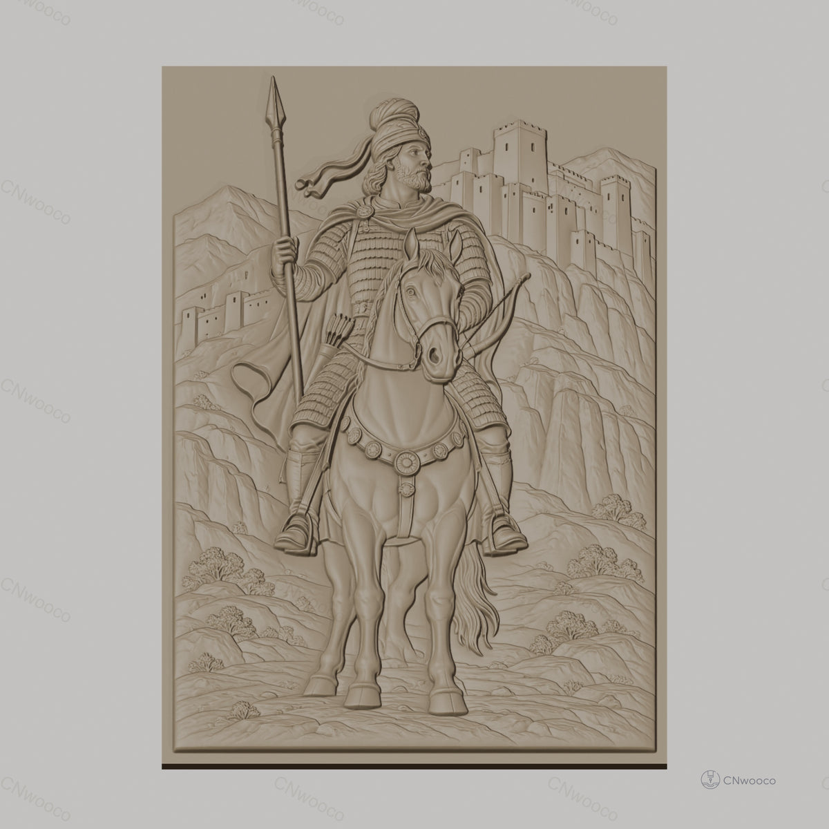 Fichier CNC & impression 3D cavalier médiéval à cheval, château et montagnes, haute qualité relief STL