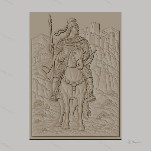 Fichier CNC & impression 3D cavalier médiéval à cheval, château et montagnes, haute qualité relief STL