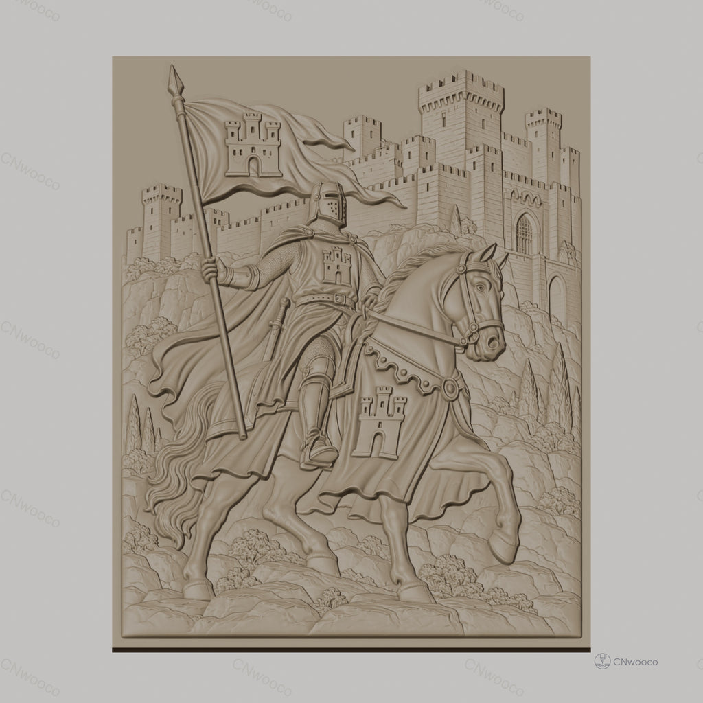 Fichier CNC & impression 3D chevalier médiéval à cheval avec château, drapeau et armure, haute qualité relief STL