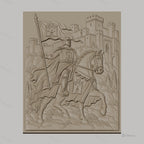 Fichier CNC & impression 3D chevalier médiéval à cheval avec château, drapeau et armure, haute qualité relief STL