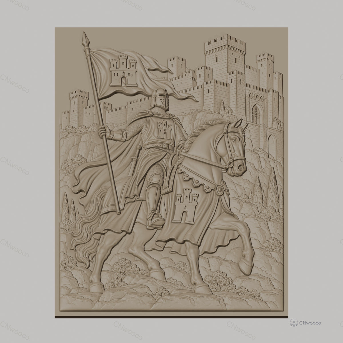 Fichier CNC & impression 3D chevalier médiéval à cheval avec château, drapeau et armure, haute qualité relief STL