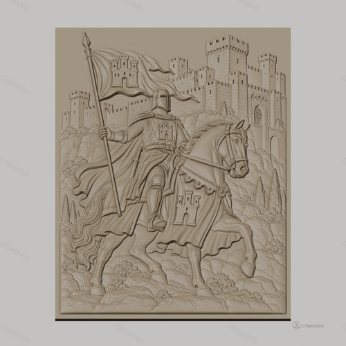 Fichier CNC & impression 3D chevalier médiéval à cheval avec château, drapeau et armure, haute qualité relief STL