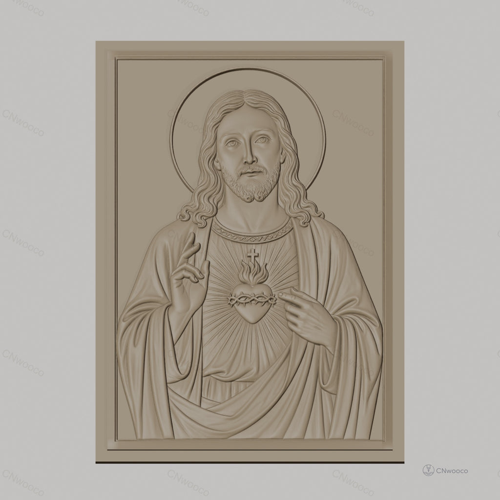 Fichier CNC & impression 3D Sacré-Cœur de Jésus, portrait religieux avec auréole et mains bénissantes, haute qualité relief STL