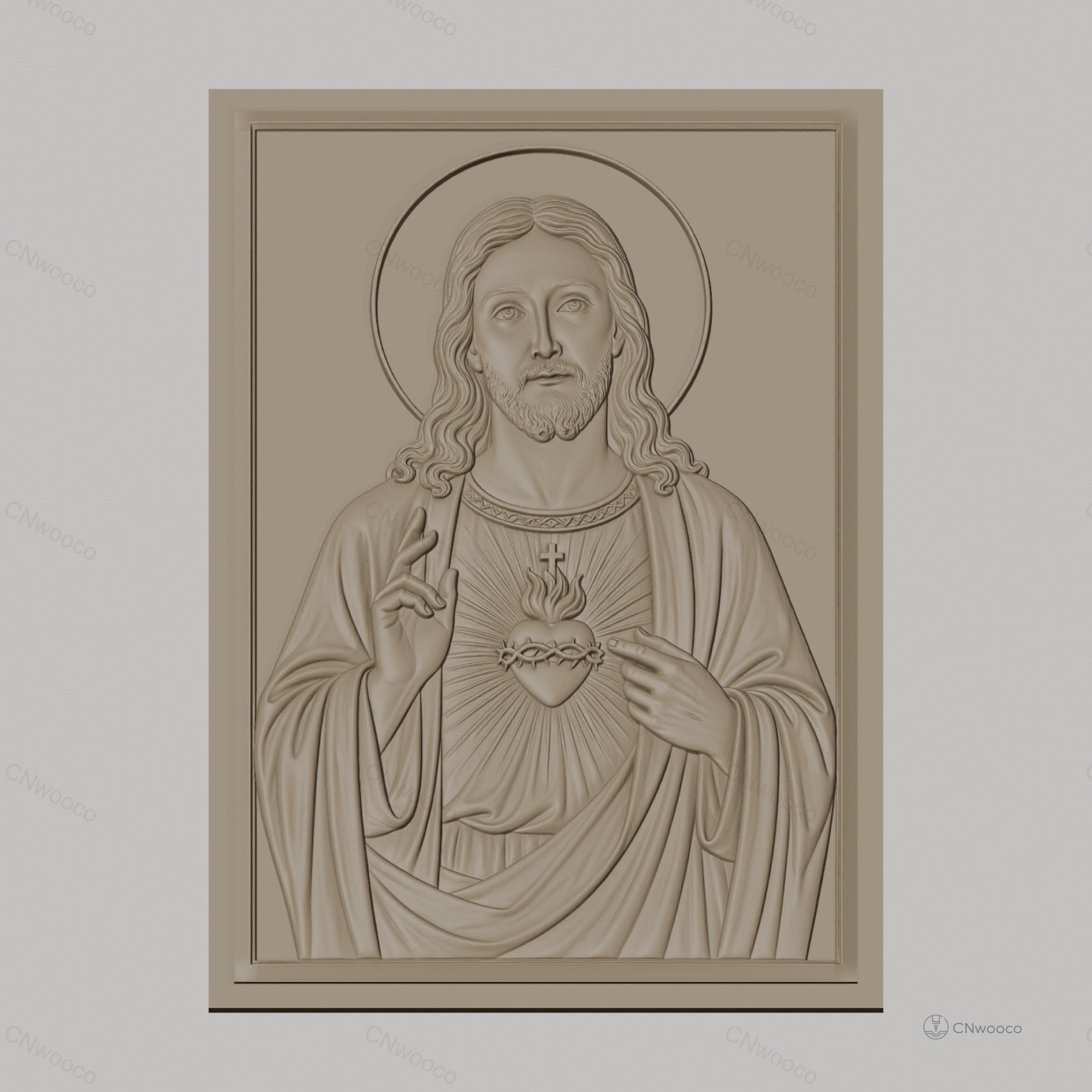 Fichier CNC & impression 3D Sacré-Cœur de Jésus, portrait religieux avec auréole et mains bénissantes, haute qualité relief STL