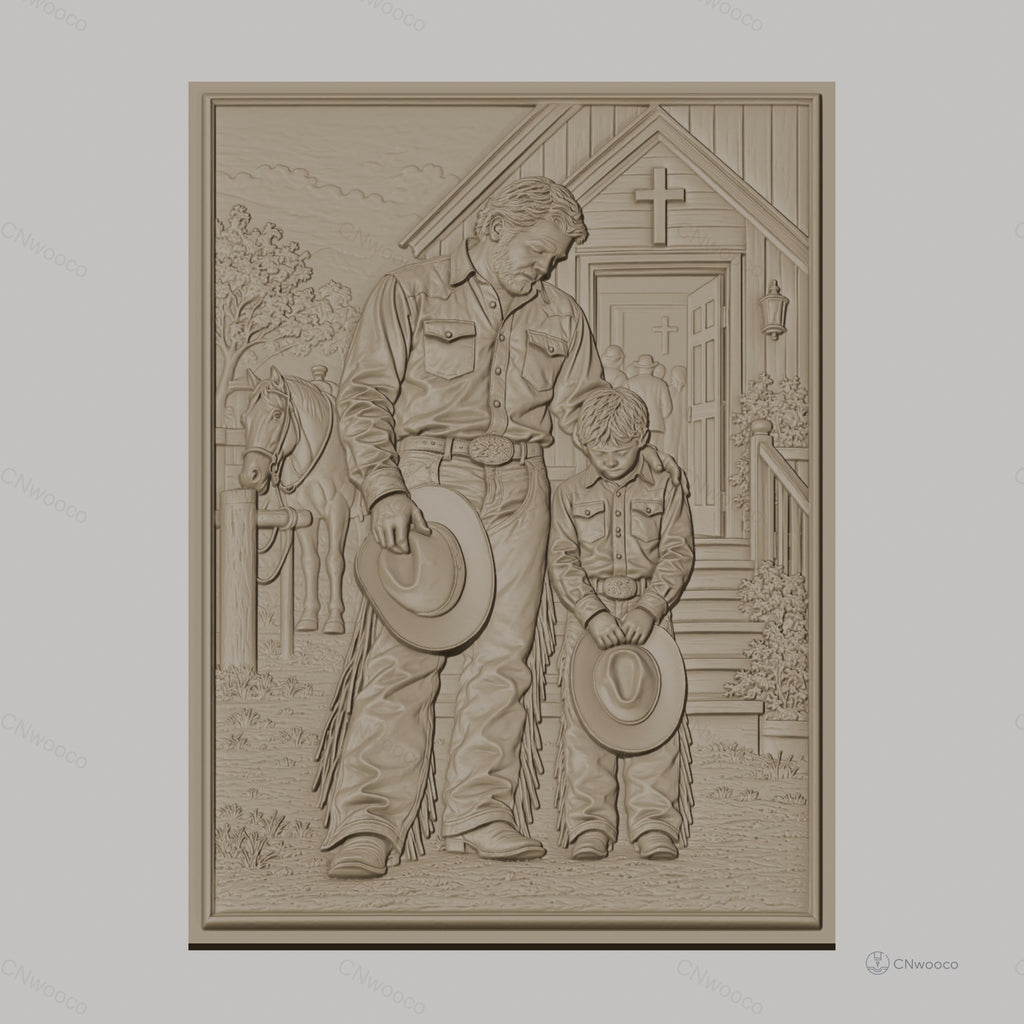 Fichier CNC & impression 3D père et fils cowboys priant devant église, cheval, croix, tenue western, haute qualité relief STL