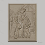 Fichier CNC & impression 3D père et fils cowboys priant devant église, cheval, croix, tenue western, haute qualité relief STL