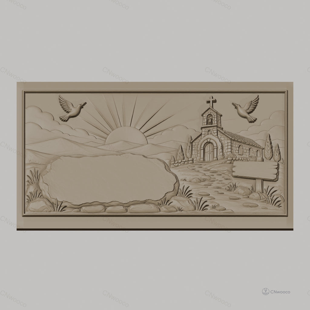 Fichier CNC & impression 3D paysage religieux avec chapelle, colombes, soleil levant, chemin de pierre, haute qualité relief STL