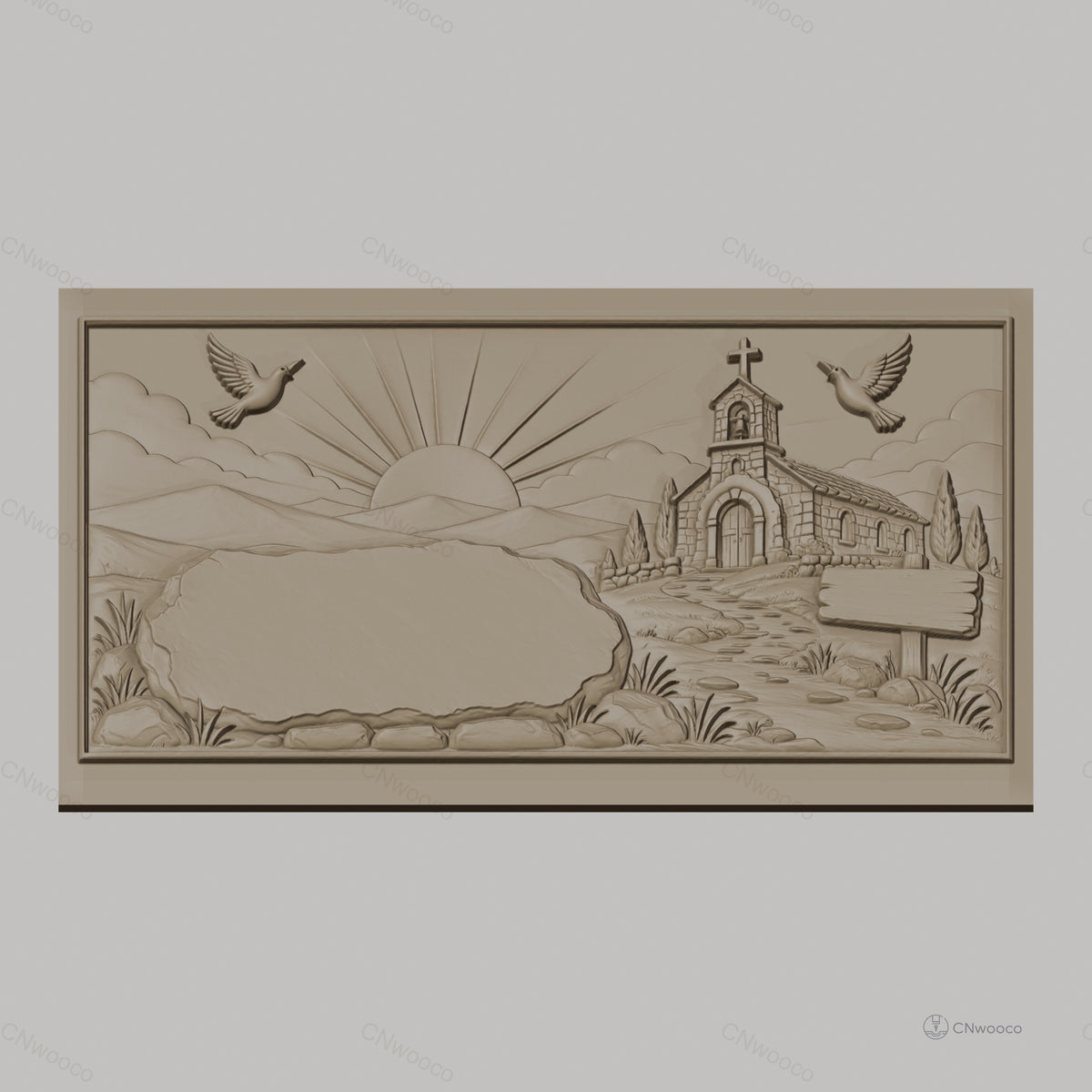 Fichier CNC & impression 3D paysage religieux avec chapelle, colombes, soleil levant, chemin de pierre, haute qualité relief STL
