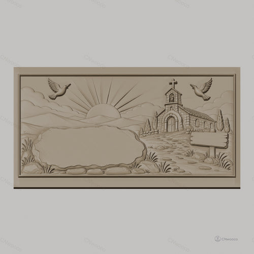 Fichier CNC & impression 3D paysage religieux avec chapelle, colombes, soleil levant, chemin de pierre, haute qualité relief STL
