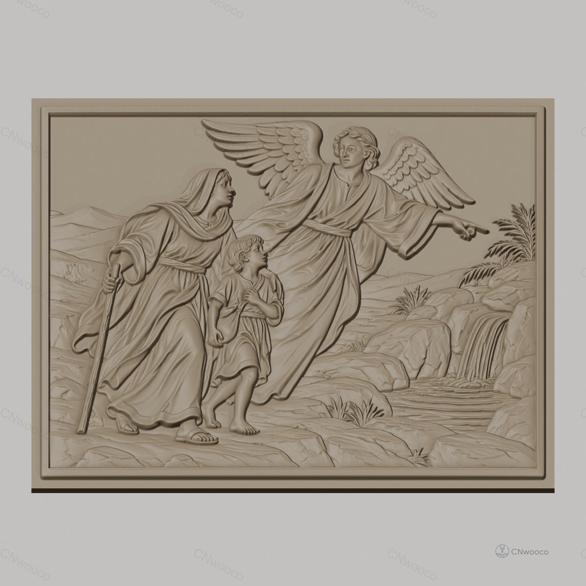 Fichier CNC & impression 3D ange gardien avec femme et enfant, paysage rocheux et cascade, haute qualité relief STL