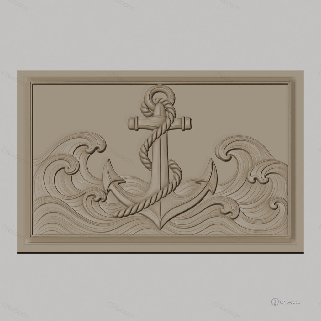Fichier CNC & impression 3D ancre navale, vagues océaniques, corde enroulée, haute qualité relief STL
