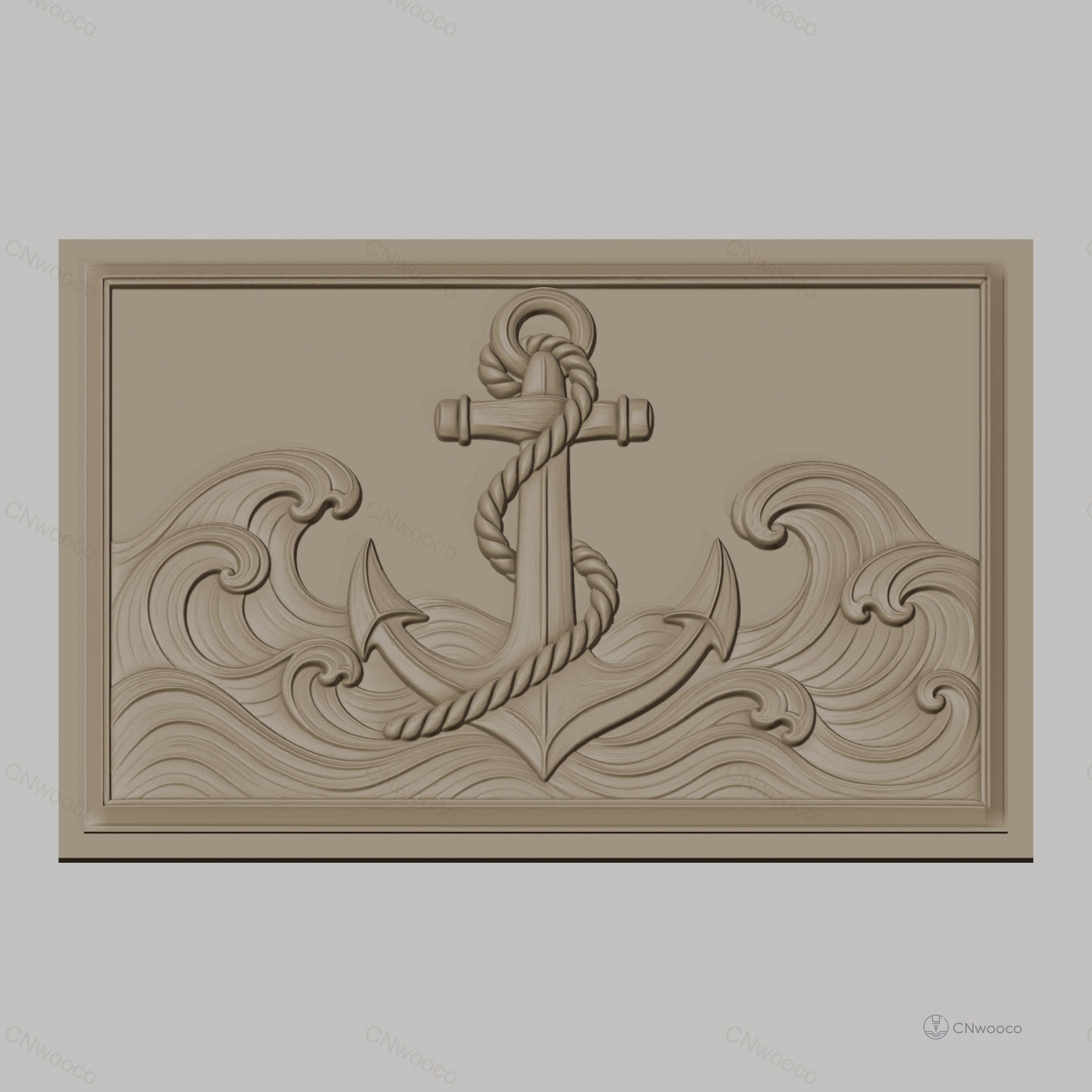 Fichier CNC & impression 3D ancre navale, vagues océaniques, corde enroulée, haute qualité relief STL