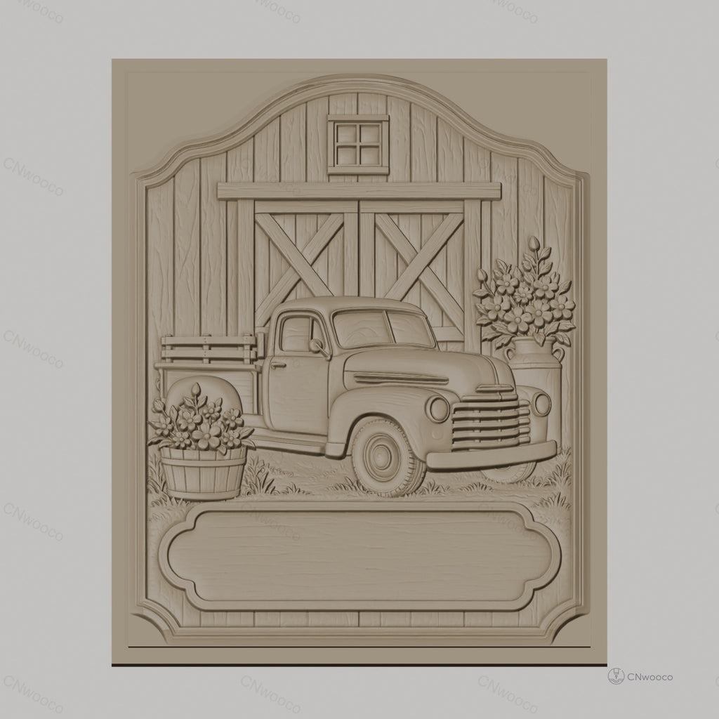 Fichier CNC & impression 3D camion ancien, grange bois, fleurs en relief, haute qualité relief STL