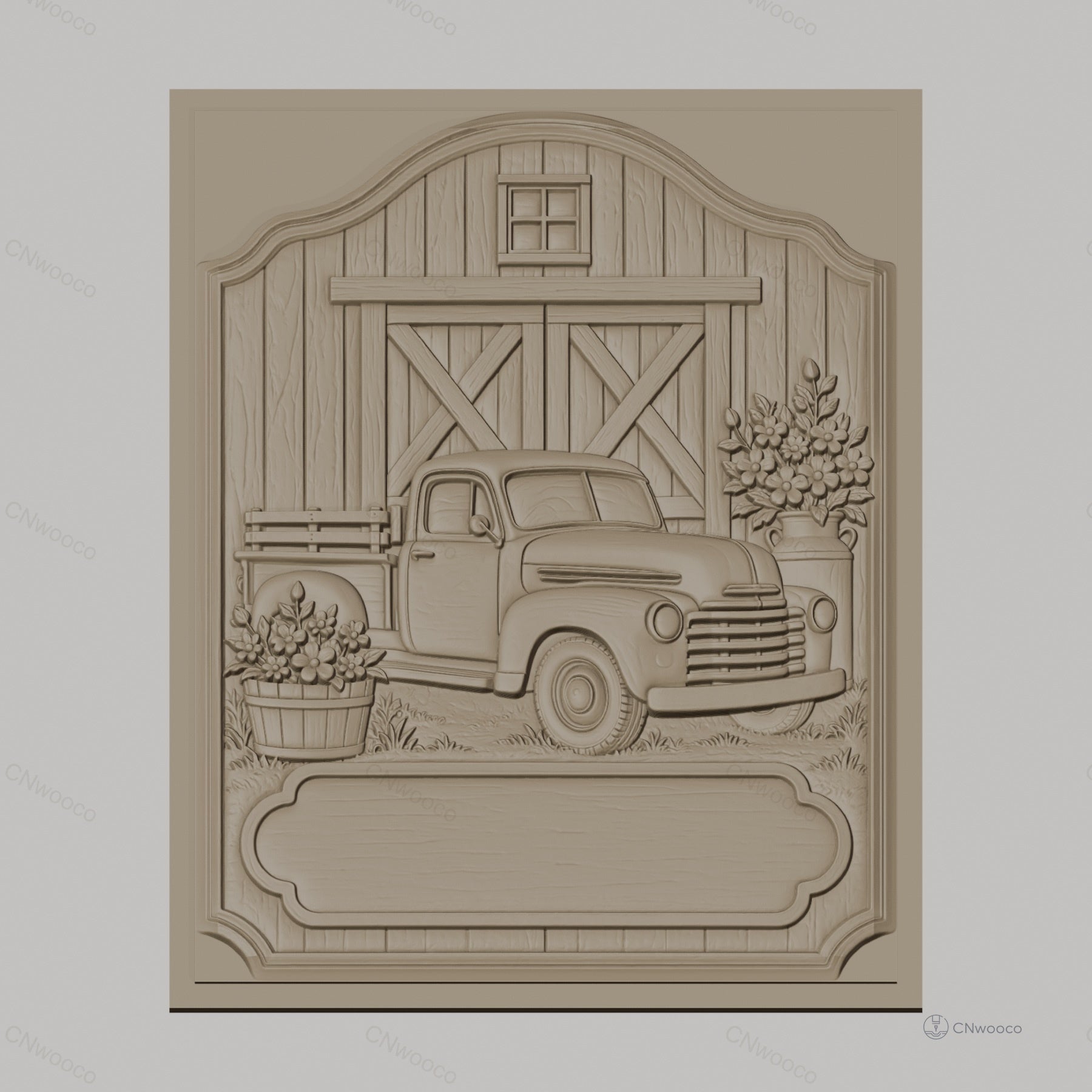 Fichier CNC & impression 3D camion ancien, grange bois, fleurs en relief, haute qualité relief STL