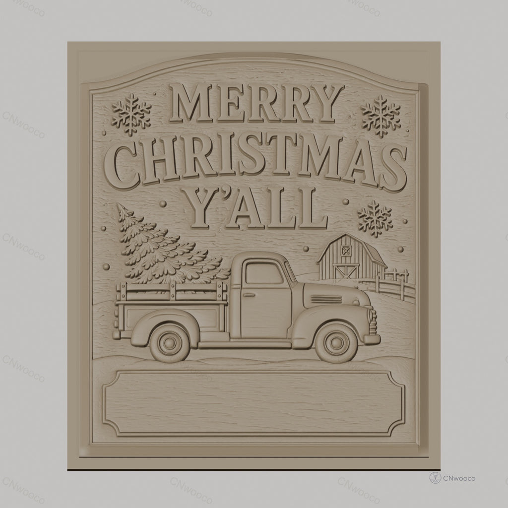 Fichier CNC & impression 3D thème Noël, camion de ferme avec sapin et grange, haute qualité relief STL